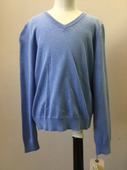 BROOKS BROTHERS, French Blue, Cotton, Heathered, V-neck, Pull Over