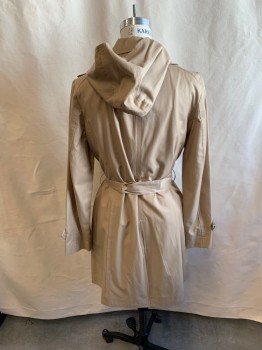 Womens, Coat, Trenchcoat, LONDON FOG , Khaki Brown, Cotton, Polyester, M, with Belt, Hooded, Collar Attached, Hem, Hook & Eye at Neck, Double Breasted, 2 Pockets