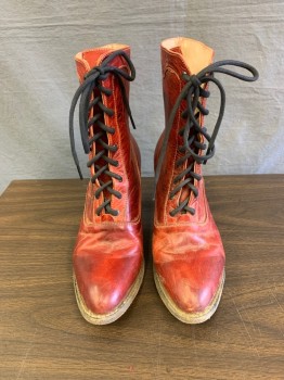 Womens, Boots 1890s-1910s, NL, Maroon Red, Black, Leather, Solid, 9.5, Lace Up Ankle Book. Narrow Toe, with Black Contrast Stack "granny' Heel, White Top stitching Throughout , 3/4 Inch Matching Edge Detail