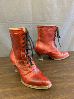 Womens, Boots 1890s-1910s, NL, Maroon Red, Black, Leather, Solid, 9.5, Lace Up Ankle Book. Narrow Toe, with Black Contrast Stack "granny' Heel, White Top stitching Throughout , 3/4 Inch Matching Edge Detail