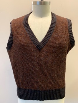 Mens, Vest, N/L MTO, Dk Brown, Rust Orange, Wool, 2 Color Weave, 50, Pullover, V-neck, Dotted/Speckled Body with Solid Dark Brown Armholes, Waist and Neck, Made To Order Multiples