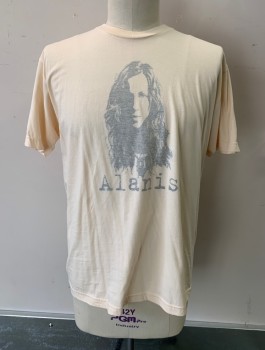 ALANIS MORRISETTE, Ecru, Lt Gray, Cotton, Graphic, Jersey, Large Graphic of Alanis Morrisette's Face in Front, S/S, Crew Neck, Inside Out Printing, 10th Anniversary of "Jagged Little Pill" Album