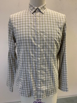 Mens, Casual Shirt, Vince, Sage Green, Off White, Gray, Cotton, Linen, Plaid, L, L/S, Button Front, Collar Attached