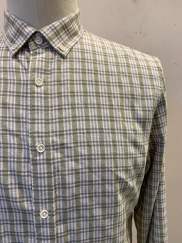 Mens, Casual Shirt, Vince, Sage Green, Off White, Gray, Cotton, Linen, Plaid, L, L/S, Button Front, Collar Attached