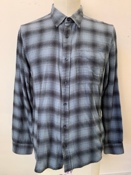 Mens, Casual Shirt, Buck Mason, Black, Gray, Steel Blue, Cotton, Plaid, L, L/S, Button Front, Collar Attached, Chest Pocket