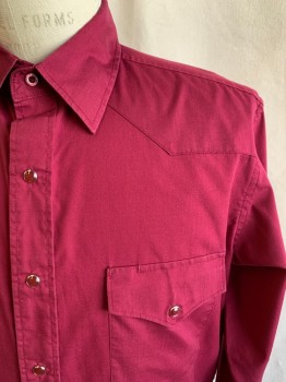 Mens, Western Shirt, WHITE HOUSE, Cranberry Red, Polyester, Cotton, Solid, M, Snap Front, Collar Attached, Western Yoke, 2 Flap Snap Pockets, Long Sleeves, Snap Cuff
