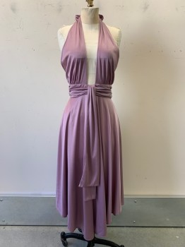Womens, Dress, FUNKY, Mauve Purple, Polyester, Solid, W24-28, B<34, Stretchy, Halter Neck, Low Cut Bust, Ruched Empire Waistband, Mid Calf Length, Disco