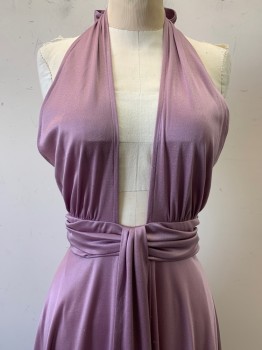 FUNKY, Mauve Purple, Polyester, Solid, Stretchy, Halter Neck, Low Cut Bust, Ruched Empire Waistband, Mid Calf Length, Disco