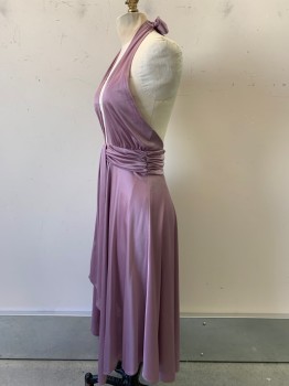 Womens, Dress, FUNKY, Mauve Purple, Polyester, Solid, W24-28, B<34, Stretchy, Halter Neck, Low Cut Bust, Ruched Empire Waistband, Mid Calf Length, Disco