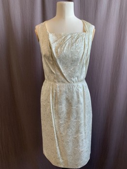 Womens, 1960s Vintage, Dress, LILLI DIAMOND, Silver, Cream, Lurex, Silk, Floral, W 23, B 30, H 32, Dress, Square Neck, Sleeveless, Pleated at Shoulders and at Neck Left Side, Piping Detail at Waist, Back Zip, Slight Racer Back, Knee Length