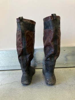 MTO, Brown, Black, Rubber, Leather, Mottled, Knee High Leather Built Onto Short Neoprene And Rubber Foul Weather Boot, Aged & Painted, Scuffed Leather, Faux Buckle Detail At Top Front, Wide Slouchy Calves