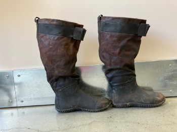 MTO, Brown, Black, Rubber, Leather, Mottled, Knee High Leather Built Onto Short Neoprene And Rubber Foul Weather Boot, Aged & Painted, Scuffed Leather, Faux Buckle Detail At Top Front, Wide Slouchy Calves