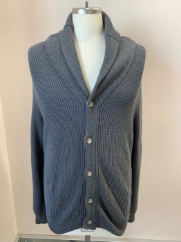 Mens, Cardigan Sweater, SUN + STONE, Dk Gray, Cotton, M, Knit  Shawl Lapel., V-N, Single Breasted, Button Front