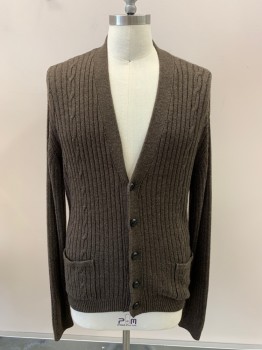 Mens, Cardigan Sweater, JOHN BLAIR, Dk Brown, Acrylic, Cable Knit, M, V-N, Single Breasted, Button Front, 2 Pockets