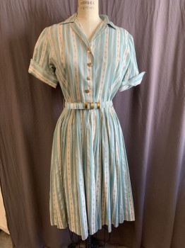 THE JONES GIRL, Lt Blue, White, Cotton, Stripes, Floral, C.A., V-N, S/S, 4 Gold Buttons, Pleated Skirt, Folded Cuffs, Matching Belt