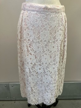 CACHET, Pale Pink with Cream Floral Lace Over Layer, Back Zip, Back Slit, Below Knee Length