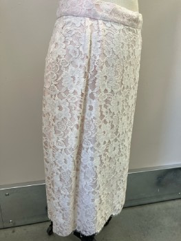 Womens, 1980s Vintage, Skirt, CACHET, W28, Pale Pink with Cream Floral Lace Over Layer, Back Zip, Back Slit, Below Knee Length