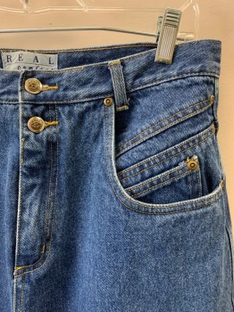 Womens, Jeans, REAL COMFORT, Denim Blue, Cotton, Solid, W32, 6 Pockets, Zip Fly, Belt Loops, 2 Buttons,