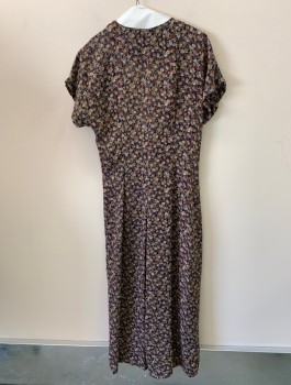 Womens, Jumpsuit, EXPRESS, Tan Brown, Navy Blue, Multi-color, Polyester, Floral, 11/12, V-N, S/S, Lacing At Bust, Ruched Shoulders, Long, Red, White, And Tan Flowers