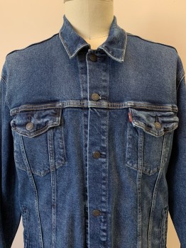 LEVI'S, Denim Blue, Cotton, Solid, L/S, Button Front, Collar Attached, Chest And Side Pockets,