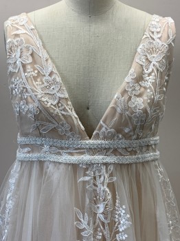 Womens, Wedding Gown, NO LABEL, White, Beige, Polyester, Floral, B32, Sleeveless, Low Cut V Neck, Tulle Top Layer With Beige Lining, Embroiderred Flower Detail, Double White Beaded Band Under Bust, Back Zipper, Made To Order,