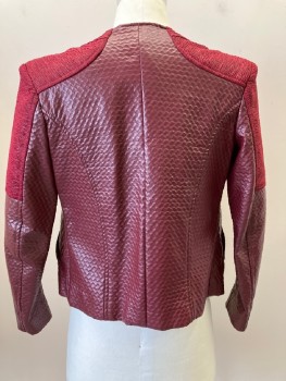 NO LABEL, Red Burgundy, Red, Polyester, Patent Leather, L/S, Ruched Detail On Shoulder And Sleeves, Embossed Pleather Slant Welt Pockets, Made To Order, Multiples