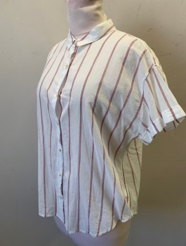 Womens, Blouse, UNIVERSAL THREAD, White, Peach Orange, Navy Blue, Cotton, Stripes - Vertical , L, Short Sleeves, Button Front, Tiny Collar Attached, High/Low Hemline