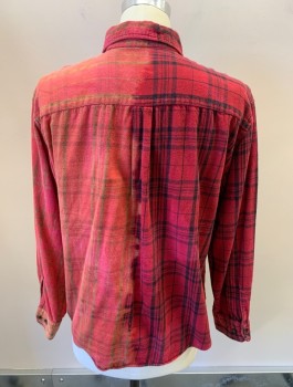 Mens, Casual Shirt, URBAN OUTFITTERS, Dusty Red, Maroon Red, Black, Dusty Orange, Multi-color, Cotton, Plaid, Ombre, S, L/S, B.F., Bttn Down Collar, Chest Pocket, Bleached Ombre On Back