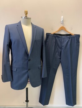 Mens, Suit, Jacket, HUGO BOSS, Blue, Wool, Herringbone, 46 L, Notched Lapel, 3 Pockets, 2 Buttons,