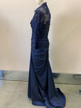 TADASHI SHOJI, Navy Blue, Black, Polyester, Spandex, 2 Color Weave, Lace L/S And Yoke, V-N, Back Zipper with Rouching, Asymmetrical Side Front Rouching, Train, Multiples