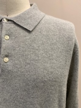 Mens, Pullover Sweater, J. CREW, Lt Gray, Cashmere, Solid, L, POLO, 3 Buttons, Ribbed Hem,