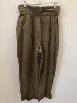 ANDREA JOVINE, Brown, Linen, Solid, High Waist, Dbl. Belted Tabs, Pleated, Slant Pkts, 2 Btn. Flap Pkts In Back, Cuffed