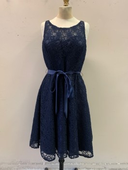 N/L, Navy Blue, Nylon, Cotton, Solid, Floral Lace Over Lining, Scoop Neck, Sweetheart Neck Lining, Sleeveless, Zip Back, Gathered Skirt, Solid Navy Satin Belt, Hem Below Knee