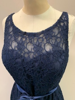 N/L, Navy Blue, Nylon, Cotton, Solid, Floral Lace Over Lining, Scoop Neck, Sweetheart Neck Lining, Sleeveless, Zip Back, Gathered Skirt, Solid Navy Satin Belt, Hem Below Knee