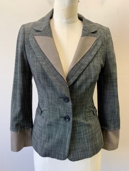 Womens, Suit, Jacket, CLASSIQUES ENTIER, Charcoal Gray, Gray, Polyester, Viscose, 2 Color Weave, Sz.2, Single Breasted, 2 Buttons,  Rounded Lapel, Beige Panel on Lapel and Cuffs, Hand Picked Stitching at Lapel and Seams, Fitted, Self Belt Details at Sides and Back