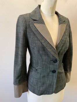 CLASSIQUES ENTIER, Charcoal Gray, Gray, Polyester, Viscose, 2 Color Weave, Single Breasted, 2 Buttons,  Rounded Lapel, Beige Panel on Lapel and Cuffs, Hand Picked Stitching at Lapel and Seams, Fitted, Self Belt Details at Sides and Back