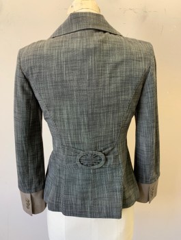 Womens, Suit, Jacket, CLASSIQUES ENTIER, Charcoal Gray, Gray, Polyester, Viscose, 2 Color Weave, Sz.2, Single Breasted, 2 Buttons,  Rounded Lapel, Beige Panel on Lapel and Cuffs, Hand Picked Stitching at Lapel and Seams, Fitted, Self Belt Details at Sides and Back