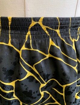 ERNST STRAUSS, Black, Sunflower Yellow, Silk, Abstract , Cracked Ice Pattern Jacquard, Elastic Waist, Knee Length, 2 Side Pockets,