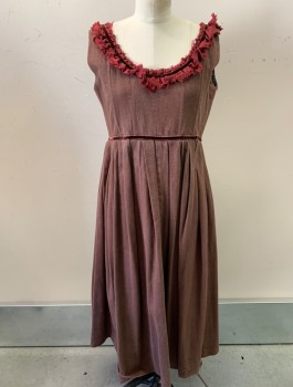 N/L MTO, Brown, Cotton, Solid, Canvas, Sleeveless, Burgundy Frayed Ruffle at Scoop Neck, Empire Waist, Burgundy Velvet at Waistline, Lace Up at Back Shoulders, Open at Back Below Waist, Pinafore/Jumper