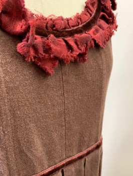 Womens, Historical Fiction Dress, N/L MTO, Brown, Cotton, Solid, B34-36, Canvas, Sleeveless, Burgundy Frayed Ruffle at Scoop Neck, Empire Waist, Burgundy Velvet at Waistline, Lace Up at Back Shoulders, Open at Back Below Waist, Pinafore/Jumper