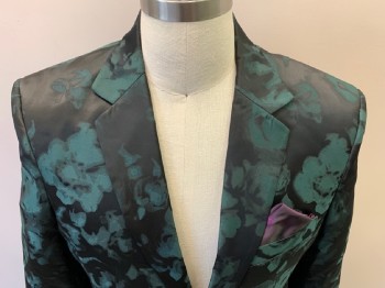N/L, Black, Teal Green, Acetate, Mottled, 2 Buttons, Notched Lapel, 3 Pockets, *includes Purple Pocket Square That Matches The Suit Lining