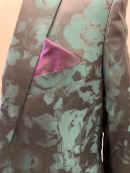N/L, Black, Teal Green, Acetate, Mottled, 2 Buttons, Notched Lapel, 3 Pockets, *includes Purple Pocket Square That Matches The Suit Lining