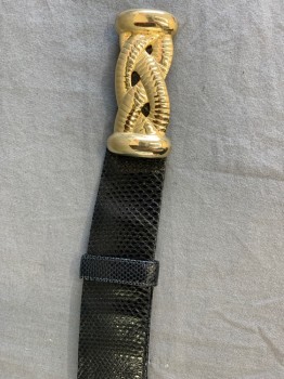 Womens, Belt, JUDITH LEIBER, Black, Gold, Leather, Metallic/Metal, 26-38", Adjustable Snake Skin Texture Slide, Gold Rope with Black Center