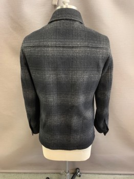 Mens, Casual Jacket, SAKS FIFTH AVENUE, Black, Gray, Wool, Plaid, M, C.A., Button Front, L/S, 2 Pockets