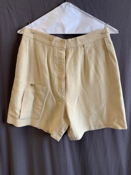 Womens, Shorts, MTO, Beige, Silk, Polyester, Solid, 28, Zip Front, Dbl Pleats, 2 Side Pckts,  Front Patch Pckt with Pleat & Button