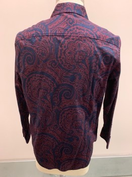 TASSO ELBA, Navy Blue, Maroon Red, Cotton, Paisley/Swirls, L/S, Button Front, C.A., Textured Weave