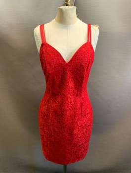 Womens, Cocktail Dress, ROBERTA, Red, Rayon, Acetate, 6, Lace, Multi Straps At Shoulders, Sweetheart Neckline, Multi Shoulder Straps, Low Back, Mini Length, Zipper In Back