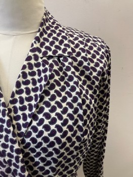 NORDSTROM, Navy Blue, Magenta Purple, Pearl White, Silk, Paisley/Swirls, C.A., Pleated Shoulders, L/S, Crossover, DB