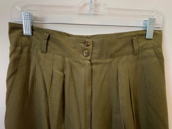 RENA ROWEN, Olive Green, Linen, Solid, Pleated Front, Slant Pockets, Zip Front, Belt Loops