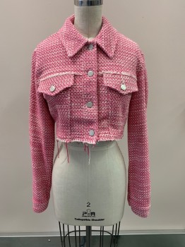Womens, Casual Jacket, ZARA, Hot Pink, White, Cotton, 2 Color Weave, XS, C.A., Button Front, L/S, 2 Pockets, Raw Edge